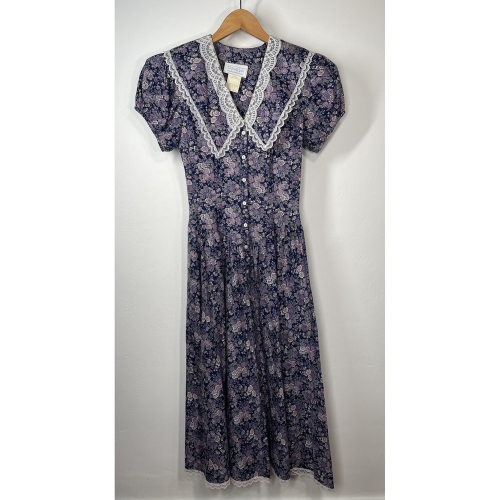 VTG 80s GUNNE SAX By Jessica McClintock Tea Dress Lace Trim Navy SZ 3 Bust 32 "